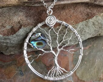 Moon Tree of Life Sterling Silver Necklace, Abalone Moon Tree of Life Pendant Necklace, Wire Wrapped Moonlight Tree of Life Necklace