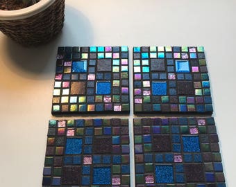 Set of 4 Glitter Blue and Violet Mosaic Coasters