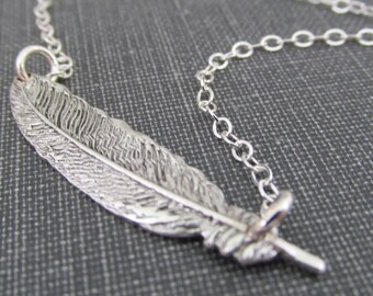 Silver Feather Necklace, Sideways Feather Necklace, Sterling Silver Feather Jewelry, Feather Choker Necklace, Sideways Feather Necklace