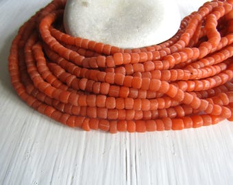 orange glass seed bead, matte barrel tube, small rustic ethnic spacer , indonesian 3 to 6mm, new indo-pacific (22 inches)7ab29-10