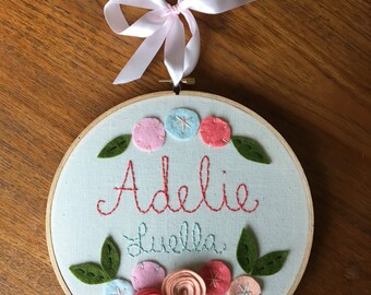 8" EMBROIDERED NAME GIRLS style- Personalized Girl's Name Embroidery 8" Hoop Art made with Felt Flowers and Embroidery