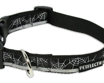 White Spider Webs on Black Dog Collar - Reflective - Nylon - Super Strength