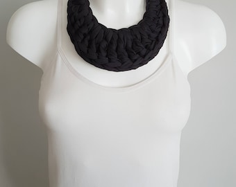 Bib necklace, crochet necklace, fabric necklace, t-shirt necklace, statement necklace, black necklace