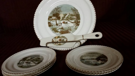 Harkerware serving set. Currier and Ives. Plate spatula and Harkerware serving set. Currier and Ives. Plate spatula and