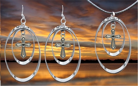 Silver Double Hoop Cross Earrings Necklace Pendant Set Drop Dangle Womans Girls Christian Jewelry - Saint Michaels Jewelry