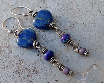 Blue Lapis Heart & Tail Earrings.Purple Turquoise + Glass Beads.Silver Wired . Rustic Southwest Boho Tribal Style Jewelry