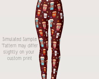 Coffee & Beans Leggings, Spandex, Yoga Pants, Java, latte, frappuccino, frappe, cappuccino, Mocha, beans, drink, Starbucks XS-XL-Coffee4