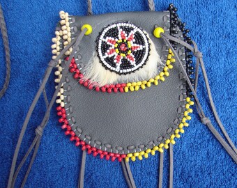 Medicine Bag Beaded Leather Native Fur Pouch Indian Necklace Bag Regalia Boho Child Teen