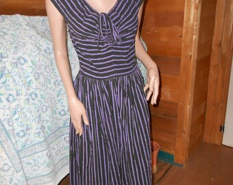 Vintage Purple-Black Striped, Off-Shoulder, Full Skirt, 40's-50's Day Dress