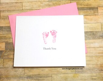 Baby Shower Thank You Note Card Set, Pink Baby Footprints, Girls Footprints, Baby Footprints Thank You Cards, Baby Shower Cards