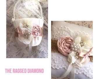 Rustic ring bearer pillow burlap and lace, ring bearer pillow rustic, blush ring bearer pillow, blush rustic ring pillow, pillow & basket