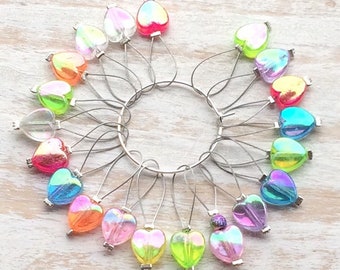 20 Stitch Markers, Knitting, Notions, Markers, Multicoloured, Snagless Heart Markers, Rainbow Colours, Knitting Supplies, ilovepinkgeraniums