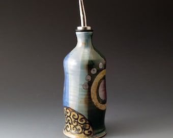 Oil or Vinegar Bottle, Blue and Green Ceramic Cruet, Handmade Ceramic Bottle, Covered Jar