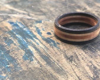 Handmade Wooden Recycled Skateboard Ring - Black & Maple