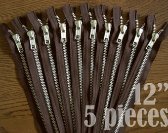 brown metal zippers, metal zippers, ykk metal zipper, jean zippers, silver metal zipper, aluminium zipper - 12 inch - 5 pieces ALM12