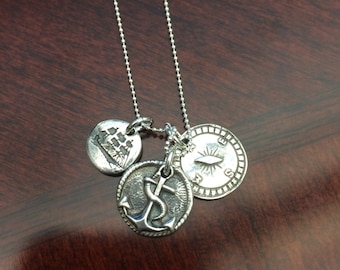 Sail Away Trio Sterling and Reclaimed Fine Silver Anchor, Ship and Compass Necklace