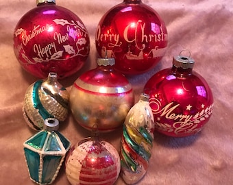 Vintage glass Christmas ornaments mica stencil lot of 8
