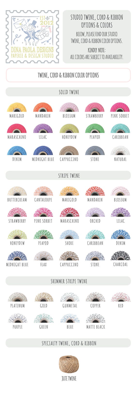 Studio Twine Option & Color Information Sheet Not For Sale