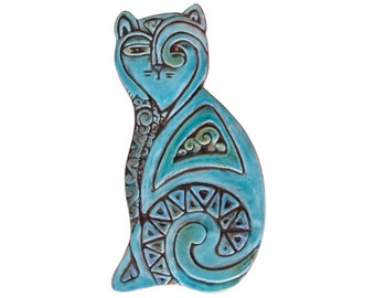 Cat sculpture // Cat art // Ceramic cat // Cat Wall art // Cat ornament // Deco cat right // 26cm // Turquoise