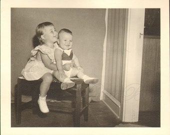 Vintage Photograph Young Boy and Girl Giggle and Laugh for the Camera