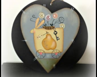 Primitive Bunny Spring Flowers Pear Large Wood Ornament