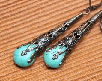 Turquoise Earrings Copper Earrings Boho jewelry Boho Earrings Dangle Earrings Drop Earrings Victorian Earrings Gift for women Gift for her