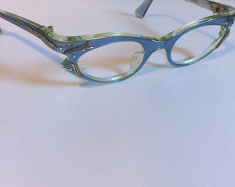 Blue Vintage Eyeglasses, Clear Blue Rhinestone Glasses, Cateye Glasses by Swank Blue Cateye Glasses, New Old Stock with Small Crack AS IS