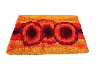 Mid Century Modern Red Orange Rya Shag Area Rug Carpet 1970s 6.5 x 4.5'