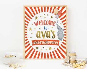 Circus party sign PRINTABLE. Circus welcome sign, Carnival poster, Red stripe Circus backdrop elephant kid birthday Circus party decorations