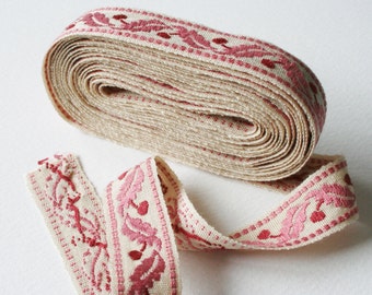 Vintage Upholstery Ribbon Trim Berry Leaf Design Pink Red and Cream