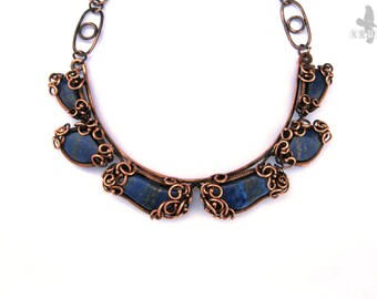 Wire wrapped necklace Lapis lazuli OOAK Natural stone Copper wire necklace Luxurious Blue necklace Gemstone Boho jewelry Gift-for-woman