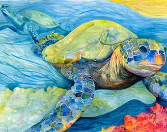 Honu Dreams in Color, Dye infused aluminum print of my original watercolor