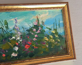Garden Painting -Original -Flower Garden-Flowers-Beach Garden- Small Art- Painting- Art -5-1/2 x 7-1/2 -including frame- Ready to Hang
