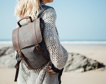 Waxed Canvas Backpack / Backpack/ Waxed Canvas Rucksacks / Leather Canvas Rucksack / Brown Grey Leather Backpack / Unisex Backpack / Latpop