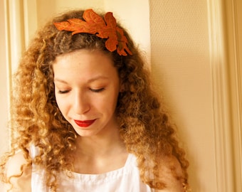 SALE Fiber Art Headband Acanthus Leaf Orange Brocade Botanical Hair Accessory Nature Lover Gift Textile Art Free Shipping
