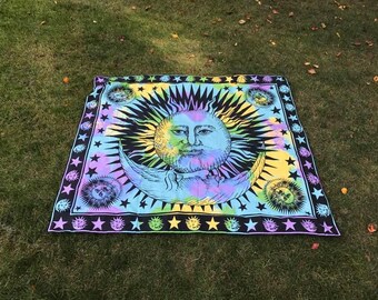 Psychedelic throw, Celestial throw, Bohemian throw, Sun Roundie, Moon Roundie, Yoga throw, Hippie throw, Meditation throw, prayer mat