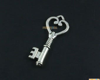 10Pcs Antique Silver Key Charm Key Pendant Heart Key Charm 45x18mm (PND1619)