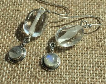 Rainbow Moonstone with Quartz Sterling Dangle Earrings