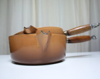 TWO Le Creuset vintage pans, cast iron, vintage French tan/ beige cooking pans, original vintage pro-chef cookware authentic quality pans