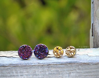 Gold and Purple Faux Druzies - Glitter Stud Earrings on Titanium Posts - 2 Pair Set