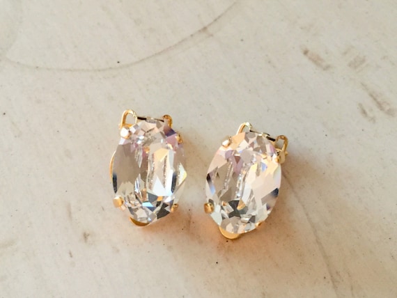 Oval Swarovski Crystal Clip On Earrings, Yellow Gold