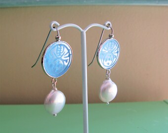 Carved Jade Earrings, Light Blue Jade Earrings, Jade & Pearl Earrings, Asian Style Earrings, Asian Inspired Earrings, Pearl Earrings, Blue