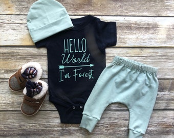 Baby Boy Coming Home Outfit Newborn Boy Coming Home Outfit Baby Boy Clothes HELLO WORLD Personalized Newborn Outfit Baby Boy Outfits