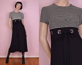 80s Black and White Striped Maxi Dress/ US 2/ 1980s
