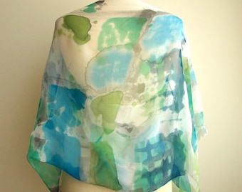 Silk chiffon blouse hand painted - Silk scarf-Wedding blouse-kimono-Silk handpainted-Silk scarf-Ooak silk blue green blouse