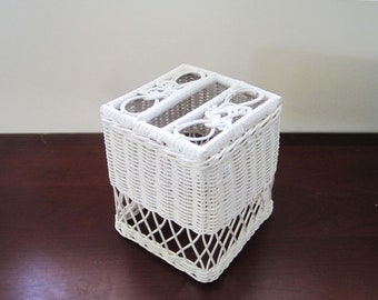 White Wicker Tissue Box, Upright, Vintage Bathroom Decor, Shabby Cottage Chic, Tissue Box Holder, Wicker Bath Decor