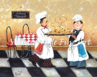 Fat Chefs Art Print, pasta chefs, chef paintings, two spaghetti chefs wall art, whimsical kitchen art, Vickie Wade Art
