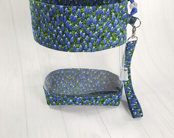 Small Clear Knitting Project Bag, Bluebonnets Field, Clear Vinyl Bag, Sock Knitting Bag, Clear window drawstring bag CVS0063