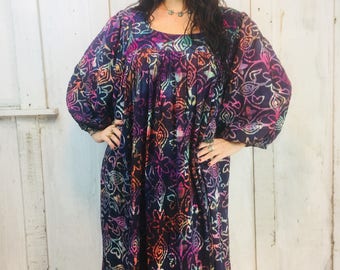 Vintage Indian Cotton Dress// Indian Cotton Dress 1970s// Cosmic Dress Large//Handmade Kaftan// Ethnic Boho Hippy Dress/