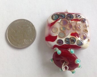 Lampwork Glass Bead Beige/Red/Blue Focal